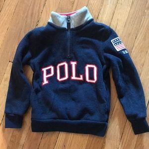 Polo Boys 4 T washed once fleece half zip up. 🇺🇸 navy with grey, red & white.